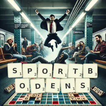 Kreative Illustration für ein Scrabble-Spiel, bei dem das Wort SPORTBODENS mit Steinen auf dem Brett gelegt wurde.