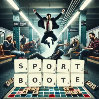 Kreative Illustration für ein Scrabble-Spiel, bei dem das Wort SPORTBOOTE mit Steinen auf dem Brett gelegt wurde.
