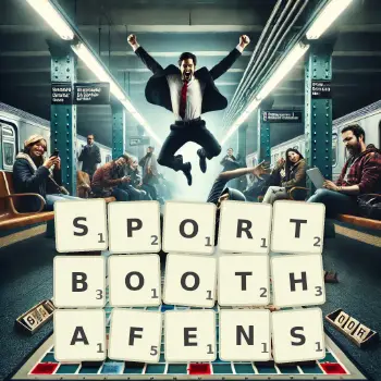 Kreative Illustration für ein Scrabble-Spiel, bei dem das Wort SPORTBOOTHAFENS mit Steinen auf dem Brett gelegt wurde.