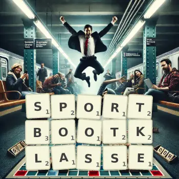 Kreative Illustration für ein Scrabble-Spiel, bei dem das Wort SPORTBOOTKLASSE mit Steinen auf dem Brett gelegt wurde.