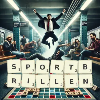 Kreative Illustration für ein Scrabble-Spiel, bei dem das Wort SPORTBRILLEN mit Steinen auf dem Brett gelegt wurde.