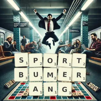 Kreative Illustration für ein Scrabble-Spiel, bei dem das Wort SPORTBUMERANG mit Steinen auf dem Brett gelegt wurde.