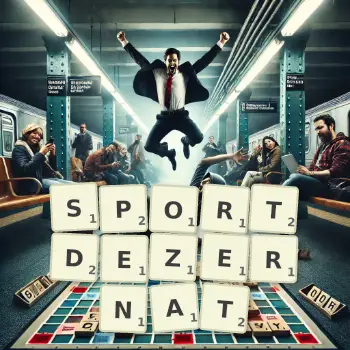 Kreative Illustration für ein Scrabble-Spiel, bei dem das Wort SPORTDEZERNAT mit Steinen auf dem Brett gelegt wurde.