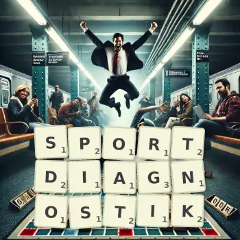 Kreative Illustration für ein Scrabble-Spiel, bei dem das Wort SPORTDIAGNOSTIK mit Steinen auf dem Brett gelegt wurde.