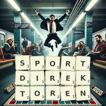 Kreative Illustration für ein Scrabble-Spiel, bei dem das Wort SPORTDIREKTOREN mit Steinen auf dem Brett gelegt wurde.