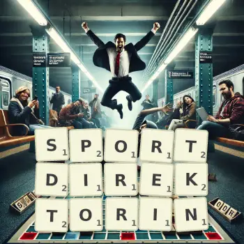 Kreative Illustration für ein Scrabble-Spiel, bei dem das Wort SPORTDIREKTORIN mit Steinen auf dem Brett gelegt wurde.