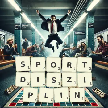 Kreative Illustration für ein Scrabble-Spiel, bei dem das Wort SPORTDISZIPLIN mit Steinen auf dem Brett gelegt wurde.