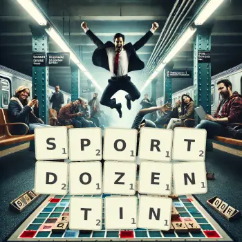 Kreative Illustration für ein Scrabble-Spiel, bei dem das Wort SPORTDOZENTIN mit Steinen auf dem Brett gelegt wurde.