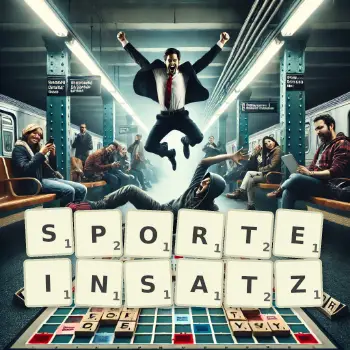 Kreative Illustration für ein Scrabble-Spiel, bei dem das Wort SPORTEINSATZ mit Steinen auf dem Brett gelegt wurde.