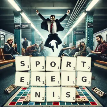 Kreative Illustration für ein Scrabble-Spiel, bei dem das Wort SPORTEREIGNIS mit Steinen auf dem Brett gelegt wurde.