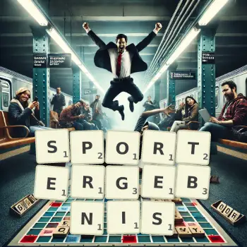 Kreative Illustration für ein Scrabble-Spiel, bei dem das Wort SPORTERGEBNIS mit Steinen auf dem Brett gelegt wurde.