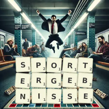 Kreative Illustration für ein Scrabble-Spiel, bei dem das Wort SPORTERGEBNISSE mit Steinen auf dem Brett gelegt wurde.