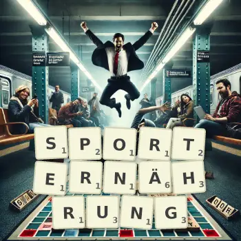 Kreative Illustration für ein Scrabble-Spiel, bei dem das Wort SPORTERNÄHRUNG mit Steinen auf dem Brett gelegt wurde.