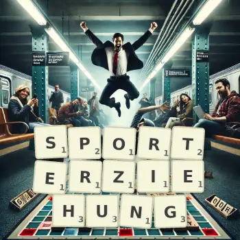 Kreative Illustration für ein Scrabble-Spiel, bei dem das Wort SPORTERZIEHUNG mit Steinen auf dem Brett gelegt wurde.