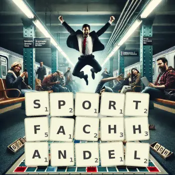 Kreative Illustration für ein Scrabble-Spiel, bei dem das Wort SPORTFACHHANDEL mit Steinen auf dem Brett gelegt wurde.