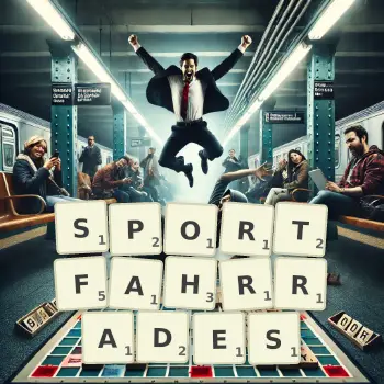 Kreative Illustration für ein Scrabble-Spiel, bei dem das Wort SPORTFAHRRADES mit Steinen auf dem Brett gelegt wurde.