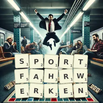 Kreative Illustration für ein Scrabble-Spiel, bei dem das Wort SPORTFAHRWERKEN mit Steinen auf dem Brett gelegt wurde.