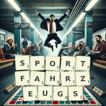 Kreative Illustration für ein Scrabble-Spiel, bei dem das Wort SPORTFAHRZEUGS mit Steinen auf dem Brett gelegt wurde.