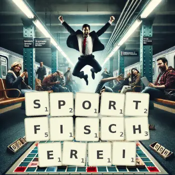 Kreative Illustration für ein Scrabble-Spiel, bei dem das Wort SPORTFISCHEREI mit Steinen auf dem Brett gelegt wurde.
