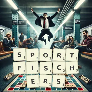 Kreative Illustration für ein Scrabble-Spiel, bei dem das Wort SPORTFISCHERS mit Steinen auf dem Brett gelegt wurde.