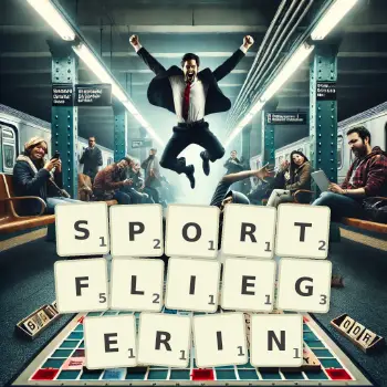 Kreative Illustration für ein Scrabble-Spiel, bei dem das Wort SPORTFLIEGERIN mit Steinen auf dem Brett gelegt wurde.