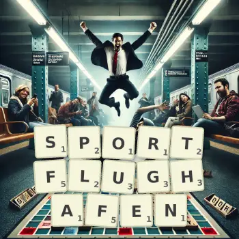 Kreative Illustration für ein Scrabble-Spiel, bei dem das Wort SPORTFLUGHAFEN mit Steinen auf dem Brett gelegt wurde.