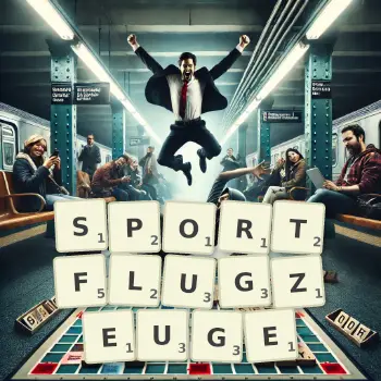Kreative Illustration für ein Scrabble-Spiel, bei dem das Wort SPORTFLUGZEUGE mit Steinen auf dem Brett gelegt wurde.