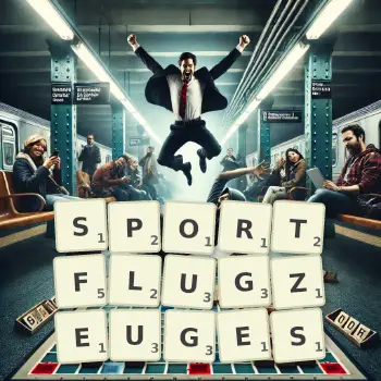 Kreative Illustration für ein Scrabble-Spiel, bei dem das Wort SPORTFLUGZEUGES mit Steinen auf dem Brett gelegt wurde.