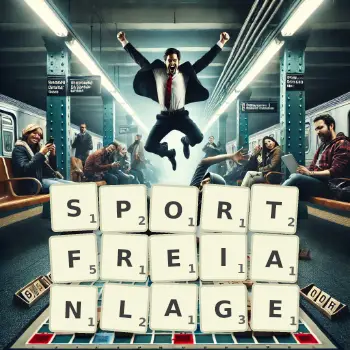 Kreative Illustration für ein Scrabble-Spiel, bei dem das Wort SPORTFREIANLAGE mit Steinen auf dem Brett gelegt wurde.