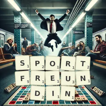 Kreative Illustration für ein Scrabble-Spiel, bei dem das Wort SPORTFREUNDIN mit Steinen auf dem Brett gelegt wurde.