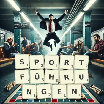 Kreative Illustration für ein Scrabble-Spiel, bei dem das Wort SPORTFÜHRUNGEN mit Steinen auf dem Brett gelegt wurde.
