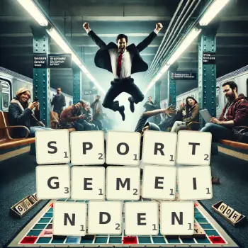 Kreative Illustration für ein Scrabble-Spiel, bei dem das Wort SPORTGEMEINDEN mit Steinen auf dem Brett gelegt wurde.