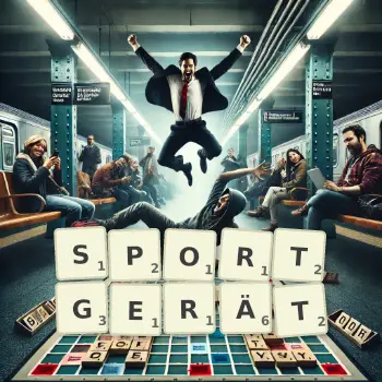Kreative Illustration für ein Scrabble-Spiel, bei dem das Wort SPORTGERÄT mit Steinen auf dem Brett gelegt wurde.