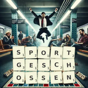Kreative Illustration für ein Scrabble-Spiel, bei dem das Wort SPORTGESCHOSSEN mit Steinen auf dem Brett gelegt wurde.