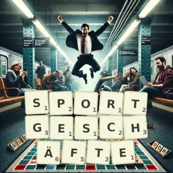 Kreative Illustration für ein Scrabble-Spiel, bei dem das Wort SPORTGESCHÄFTE mit Steinen auf dem Brett gelegt wurde.
