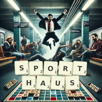 Kreative Illustration für ein Scrabble-Spiel, bei dem das Wort SPORTHAUS mit Steinen auf dem Brett gelegt wurde.