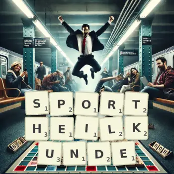 Kreative Illustration für ein Scrabble-Spiel, bei dem das Wort SPORTHEILKUNDE mit Steinen auf dem Brett gelegt wurde.