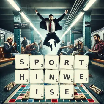 Kreative Illustration für ein Scrabble-Spiel, bei dem das Wort SPORTHINWEISE mit Steinen auf dem Brett gelegt wurde.