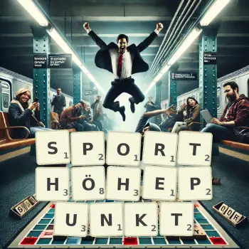 Kreative Illustration für ein Scrabble-Spiel, bei dem das Wort SPORTHÖHEPUNKT mit Steinen auf dem Brett gelegt wurde.