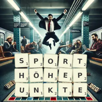 Kreative Illustration für ein Scrabble-Spiel, bei dem das Wort SPORTHÖHEPUNKTE mit Steinen auf dem Brett gelegt wurde.
