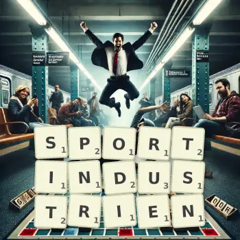 Kreative Illustration für ein Scrabble-Spiel, bei dem das Wort SPORTINDUSTRIEN mit Steinen auf dem Brett gelegt wurde.