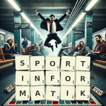 Kreative Illustration für ein Scrabble-Spiel, bei dem das Wort SPORTINFORMATIK mit Steinen auf dem Brett gelegt wurde.