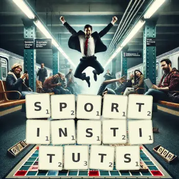 Kreative Illustration für ein Scrabble-Spiel, bei dem das Wort SPORTINSTITUTS mit Steinen auf dem Brett gelegt wurde.