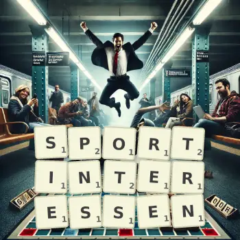 Kreative Illustration für ein Scrabble-Spiel, bei dem das Wort SPORTINTERESSEN mit Steinen auf dem Brett gelegt wurde.