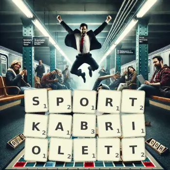 Kreative Illustration für ein Scrabble-Spiel, bei dem das Wort SPORTKABRIOLETT mit Steinen auf dem Brett gelegt wurde.
