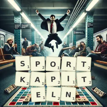 Kreative Illustration für ein Scrabble-Spiel, bei dem das Wort SPORTKAPITELN mit Steinen auf dem Brett gelegt wurde.
