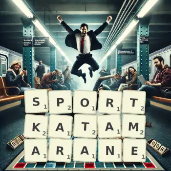 Kreative Illustration für ein Scrabble-Spiel, bei dem das Wort SPORTKATAMARANE mit Steinen auf dem Brett gelegt wurde.