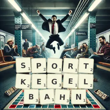 Kreative Illustration für ein Scrabble-Spiel, bei dem das Wort SPORTKEGELBAHN mit Steinen auf dem Brett gelegt wurde.