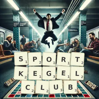 Kreative Illustration für ein Scrabble-Spiel, bei dem das Wort SPORTKEGELCLUB mit Steinen auf dem Brett gelegt wurde.