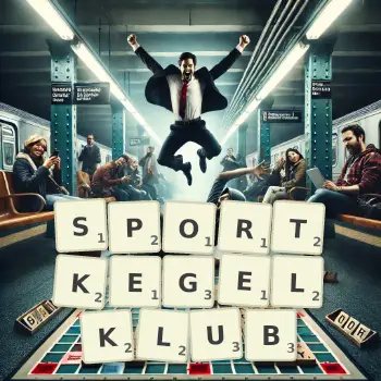Kreative Illustration für ein Scrabble-Spiel, bei dem das Wort SPORTKEGELKLUB mit Steinen auf dem Brett gelegt wurde.